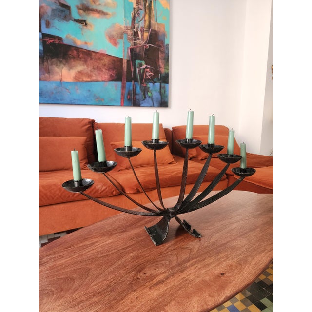 Mid Century Wrought Iron Candelabra | 9 Arm Black Iron Candle Holder | Modernist Brutalist Style | 23.5” Centerpiece Sculpture For Sale - Image 4 of 11