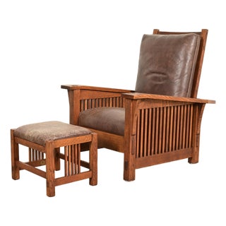 Stickley Mission Oak Arts & Crafts Reclining Morris Lounge Chair With Ottoman For Sale