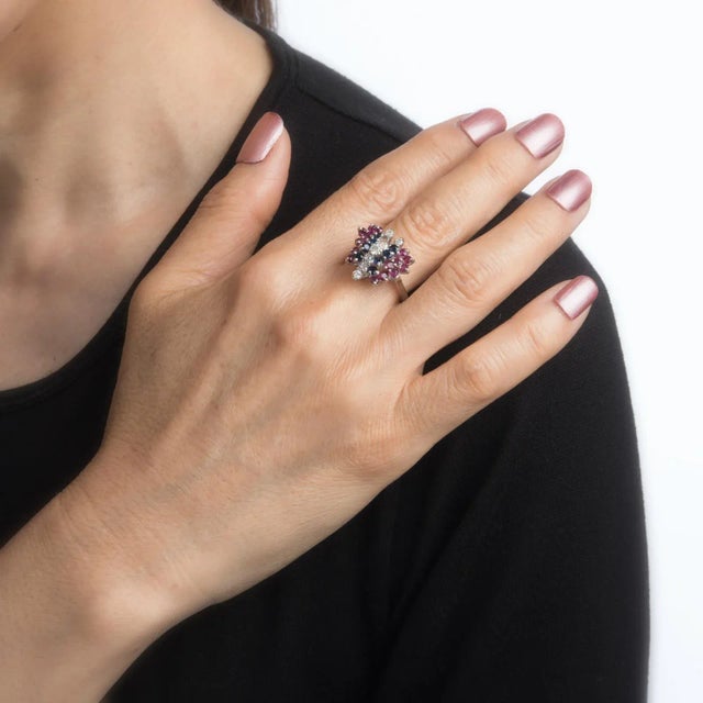 Modern Gemstone Butterfly Ring Vintage Diamond Ruby Sapphire 14 Karat White Gold Estate size 6 For Sale - Image 3 of 4