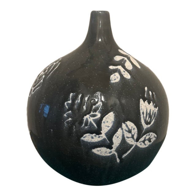 Artisanal Black & Ivory Glazed Ovoid Pottery Vase – Hand-Painted Folk Floral Motif For Sale