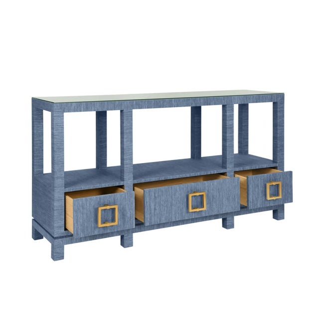 Contemporary Matthew Izzo Home Campbell Light Blue Grasscloth Two Tier, Three Drawer Console Table With Glass Top and Satin Brass Hardware For Sale - Image 3 of 7