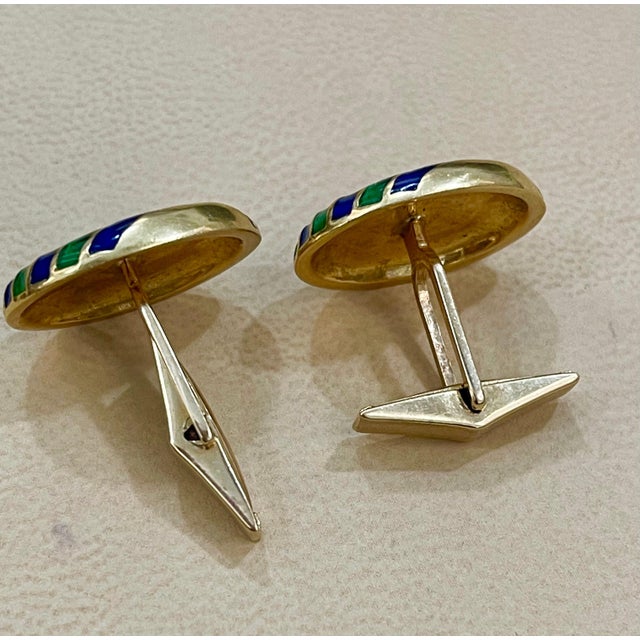 2020s Blue Green Enamel Oval Cufflinks in 14 Karat Yellow Gold 15.5 Gm, Men's For Sale - Image 5 of 8