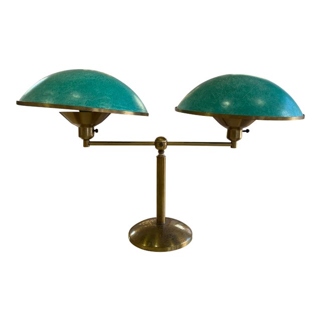 Late 20th Century Brass Double Task Lamp With Green Fiberglass Shades For Sale