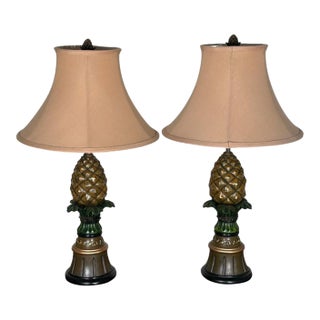 Vintage Hollywood Regency Painted Composition Pineapple Lamps - A Pair For Sale