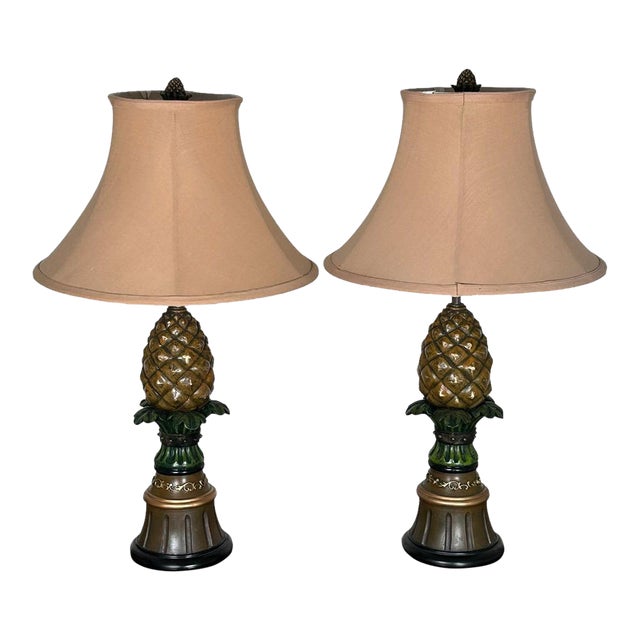 Vintage Hollywood Regency Painted Composition Pineapple Lamps - A Pair For Sale