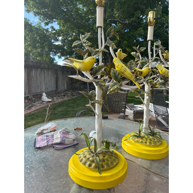 Italian Tole Lamps - a pair with Yellow Birds and Green Leaves. These lamps are very sought after and date to the 1950's....