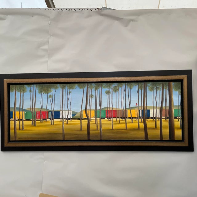 Oil on canvas painting of train in tropical setting with palm trees in landscape. The painting is inspired by the iconic...