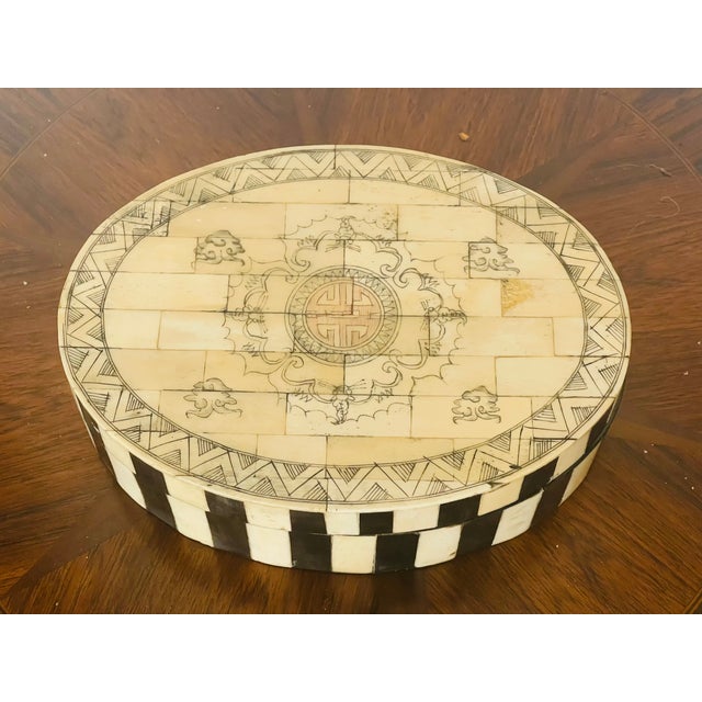 Chinese Antique Chinese Bone Ebonised Oval Treasure Box For Sale - Image 3 of 6