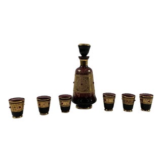 Vintage Burgundy Glass & Gilt Jeweled Decanter Set With 6 Cordial Glasses - 7 pcs For Sale