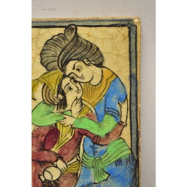 Persian Antique Persian Iznik Qajar Style Blue and Red Ceramic Pottery Tile Couple C5 For Sale - Image 3 of 9