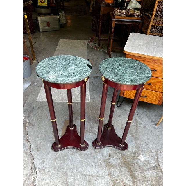 Up for consideration is a beautiful vintage pair of round green stone top side tables. These would look lovely in your...
