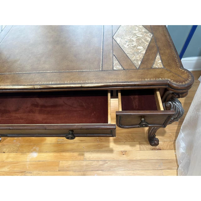 Late 20th Century Traditional Carved Wood Executive Desk With Leather Top & Marble Inlay For Sale - Image 10 of 11