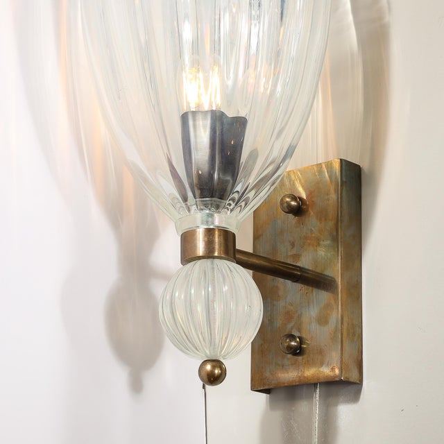 Modernist Brass Handblown Iridescent Vintage Murano Glass Orbital Drop Sconces For Sale - Image 11 of 15
