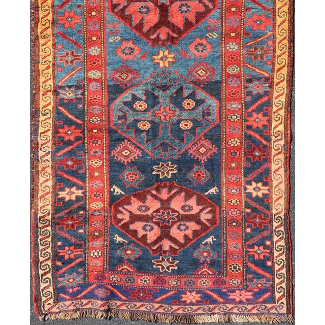 Tribal Antique Kurdish Gallery Rug With Indigo Field and Bold Tribal Medallions For Sale - Image 3 of 12