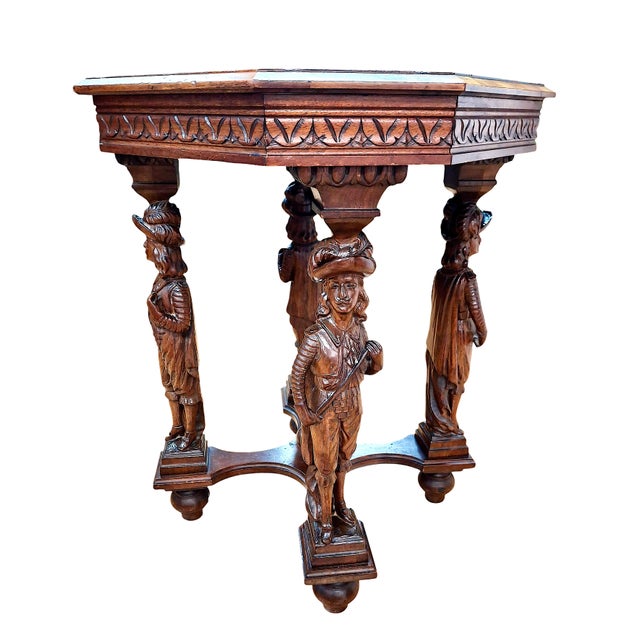 Antique Renaissance Revival Octagon Oak Side Table Atop Four Musketeers For Sale In San Francisco - Image 6 of 11