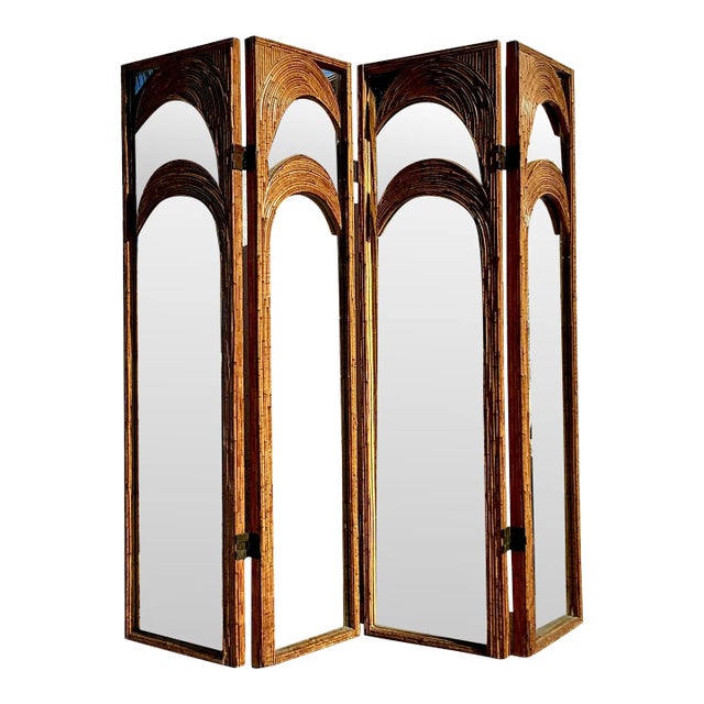 Vintage Coastal Arched Split Reed Palm Mirrored Screen For Sale