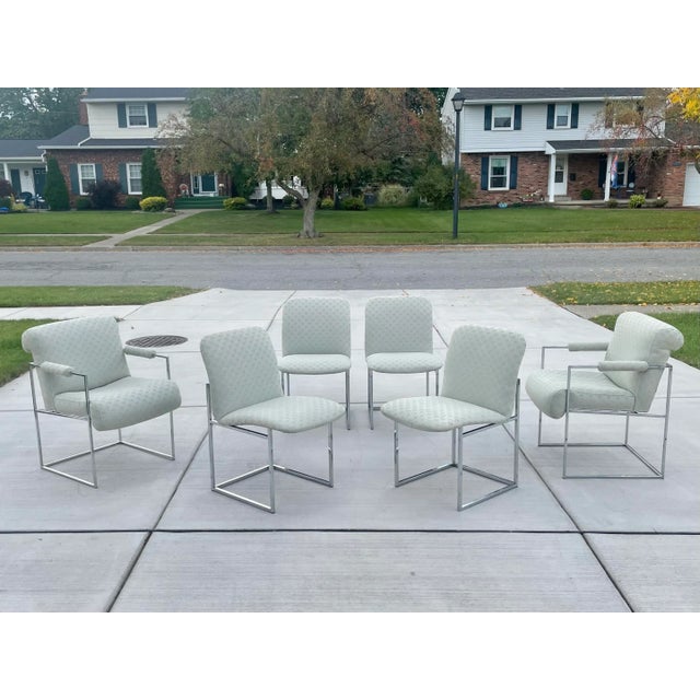 Extraordinary set of 6 iconic "thin line" Milo Baughman style chrome dining chairs including 2 armchairs and 4 side-chairs...
