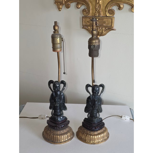 Stone Pair of Carved Jade Figural Lamps For Sale - Image 7 of 12