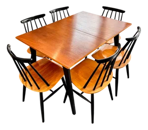 Dining Table and Chairs by Ilmari Tapiovaara for Asko, Finland, 1950s, Set of 7