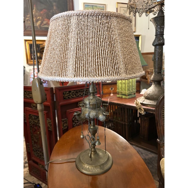 Antique, Anglo, Indian Brass Table Lamp With String Shade. For Sale In West Palm - Image 6 of 6