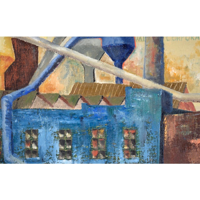 Factories - Industrial Landscape in Oil on Linen Bold industrial landscape by Doris Lyons Hoover (American, 1927-2014). A...
