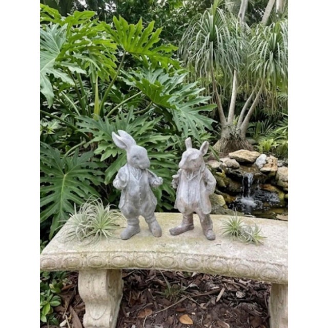 Vintage Cast Iron Gentleman Rabbit Garden Statues - Set of 2 Dapper Hare Figures (Pipe & Goblet) For Sale - Image 11 of 12