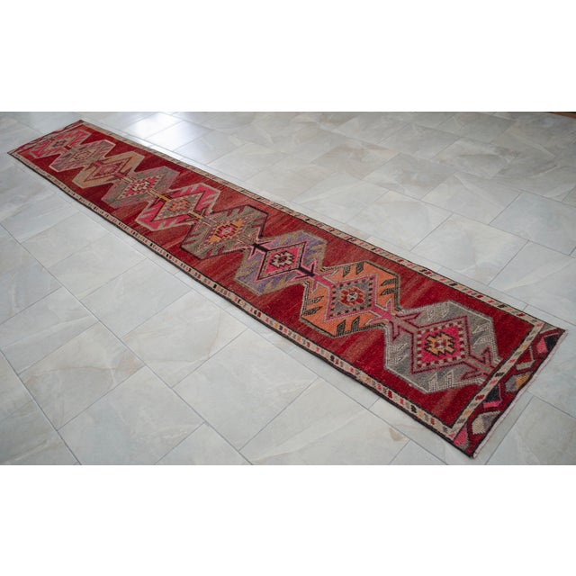 Red 1950s Pink Turkish Hand-Knotted Runner Rug, Extra Long Narrow Hallway Decor 2x14 Ft Approx For Sale - Image 8 of 17