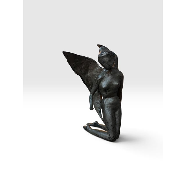 Modern Signed & Dated 1997 Modernist Bronze Kneeling Angel Sculpture For Sale - Image 3 of 10