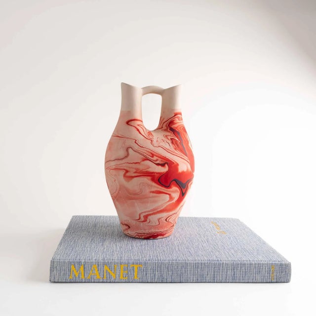 Vintage 1970s swirled orange and red Nemadji wedding vase pottery. Hand-crafted bisque clay with vibrant swirled glaze...