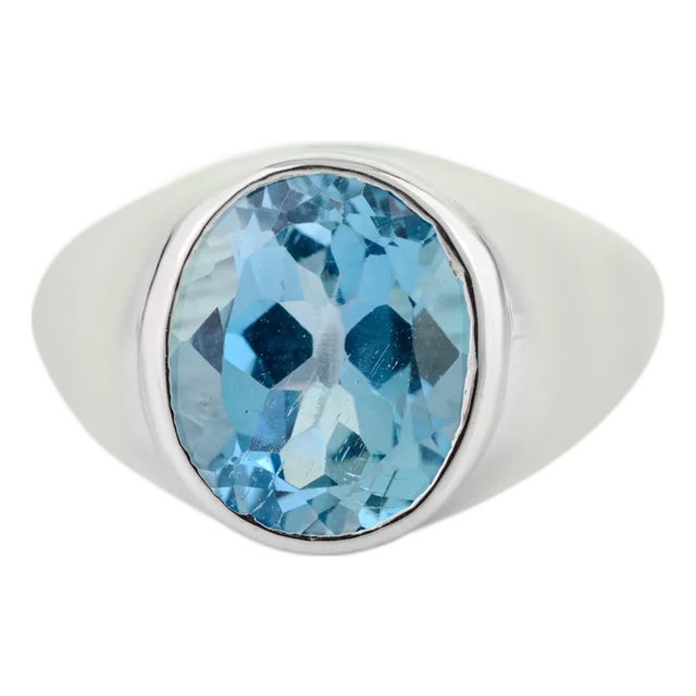 925 Sterling Silver Signet Ring With Blue Topaz Gemstone Size 8 For Sale