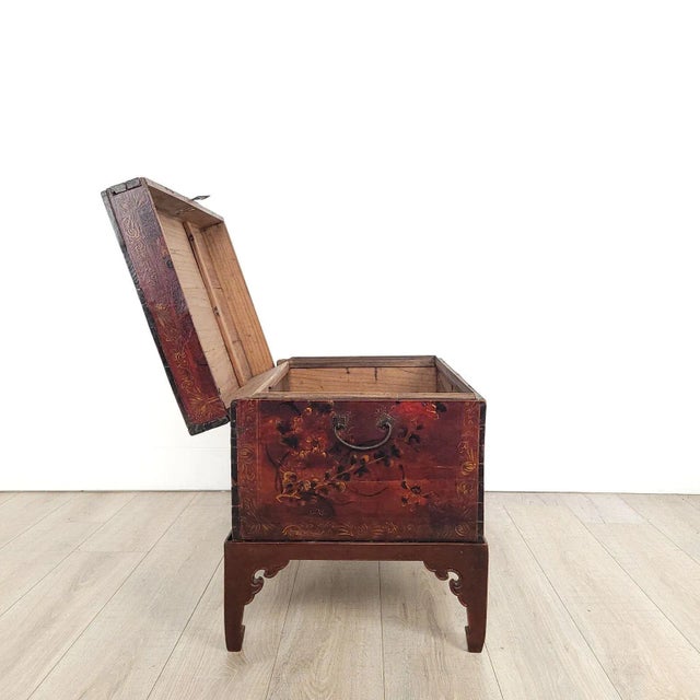 Paint 19th Century Chinese Red Lacquered Trunk on Later Custom Stand For Sale - Image 7 of 10