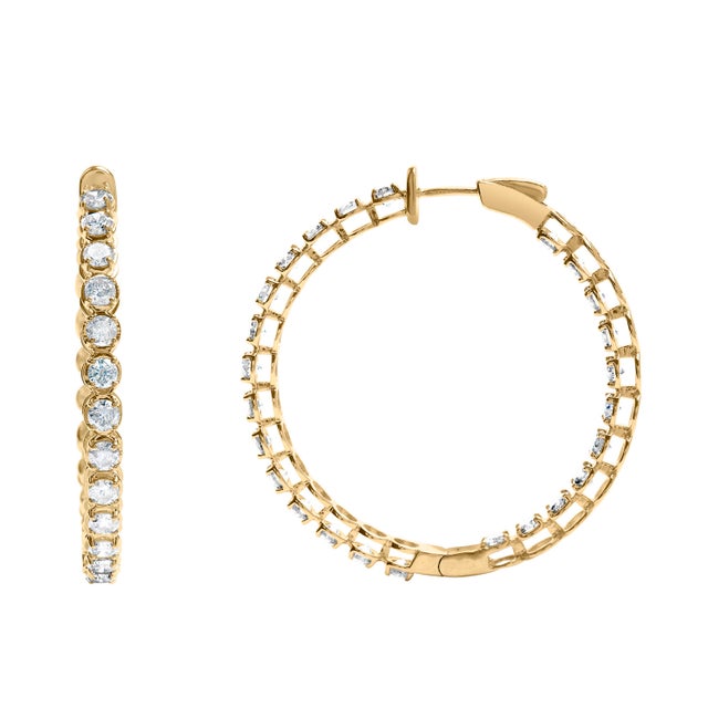 Contemporary 14K Yellow Gold 7.0 Cttw Round Brilliant Cut Diamond 1-¾ Inside Out Hinged Leverback Hoop Earrings (I-J Color, I1-I2 Clarity) For Sale - Image 3 of 6