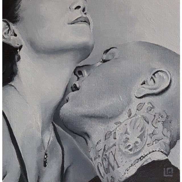 The Kiss #2 by Linda Delahaye | Oil on Panel Portrait of a couple embracing. For Sale