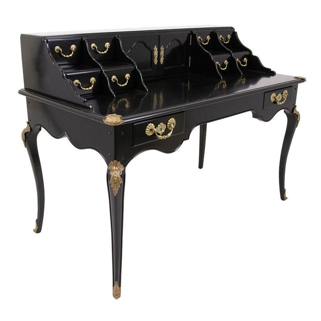 French Mid 20th Century Louis XV Style Black Lacquered Writing Desk For Sale - Image 3 of 7