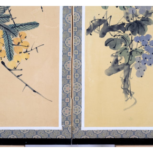 Tan 1970s Chinese Byobu "Traditional Floral Vignettes" on This 4-Panel Folding Screen Very Good Front Panels and Very Good + Back Panels For Sale - Image 8 of 10