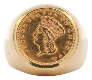 1856 Lady Liberty 1 Dollar Coin in 10k Gold Bezel Unisex Signet Ring