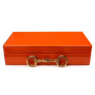Equestrian Horse Bits Hermes Style Orange Glossy Glass Decorative Box For Sale
