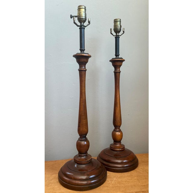 Wood Vintage Theodore Alexander Turned Wood Candlestick Table Lamps - A Pair For Sale - Image 7 of 16