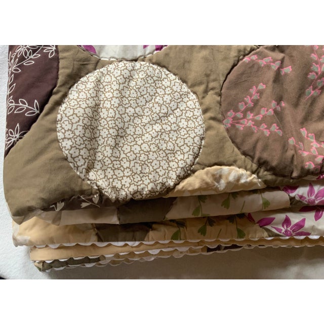 Hippie-Chic Japanese Cotton Medallion Quilt — Chocolate Brown & Pink Floral Circles, Hand Quilted, 66x88P For Sale - Image 13 of 18