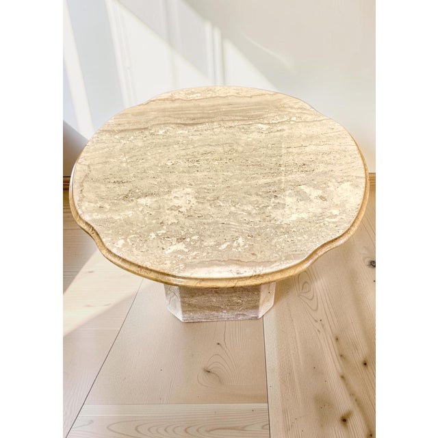 Beige Pair of 1970s Italian Travertine Scalloped Edge Pedestal End Tables For Sale - Image 8 of 17