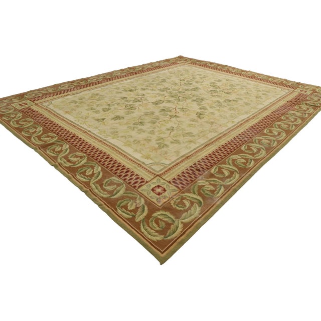 vintage Chinese needlepoint Aubusson style rug with English Cottage style. Balancing a timeless design with traditional...