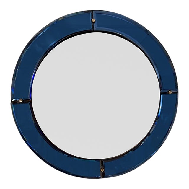 Mid 20th Century Italian Modern Blue Beveled Convex Mirror For Sale