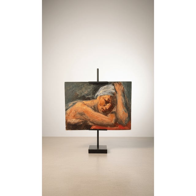 A striking mid-century figurative oil painting on board, depicting a reclining woman rendered in rich, expressive...