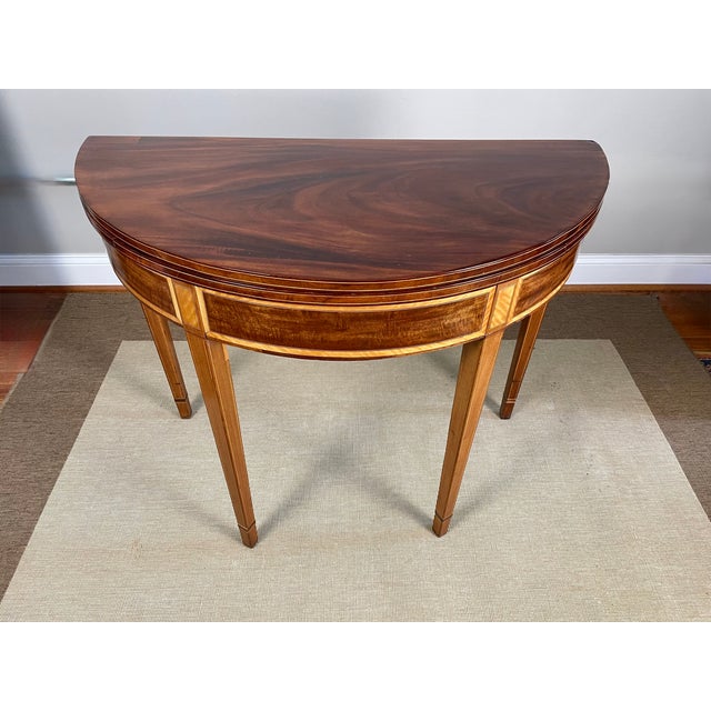 Traditional George III - Regency Figured Mahogany and Satinwood Demi Lune Table For Sale - Image 3 of 15