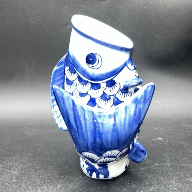 Chinese Vintage MCM Blue White Chinese Porcelain Koi Open Mouth Fish Vase For Sale - Image 3 of 6