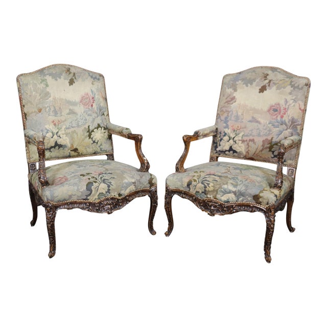 Superb Pair Important Carved French Regence Tapestry Armchairs Circa 1850s For Sale