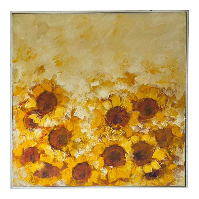 1960s Large Sunflower Oil Painting, Signed Carlo of Hollywood Mid-Century Modern For Sale