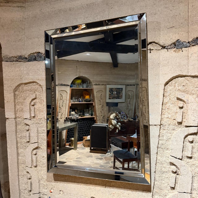 For your consideration, a vintage rectangular Venetian-style or Hollywood Regency wall mirror featuring a multi-layered,...