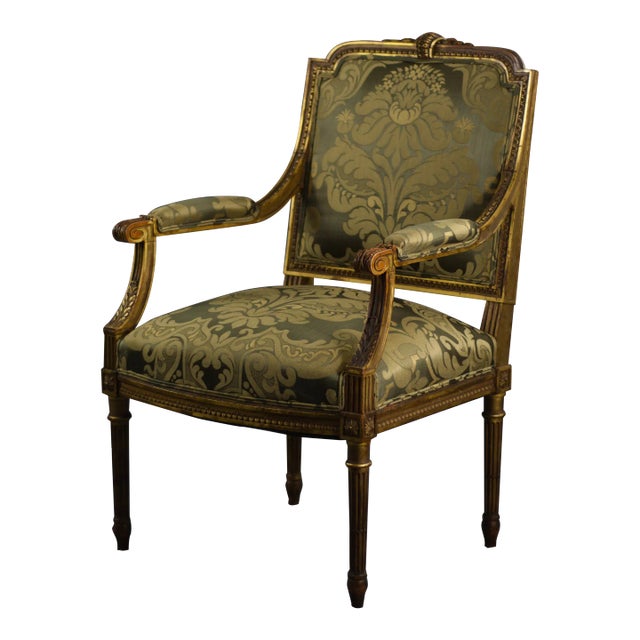 Late 19th Century New Scalamandre Upholstery Restored Antique Louis XV-style Carved Giltwood Bergere Open Armchair, French Provincial Accent Chair For Sale