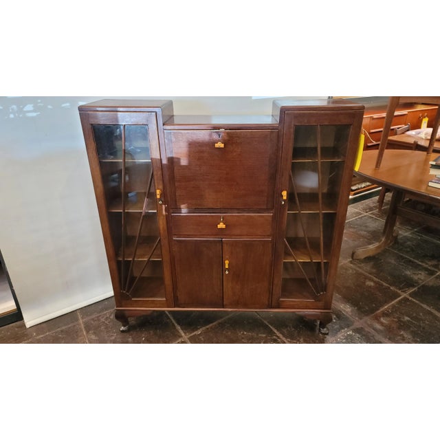 Antique Art Deco Solid Walnut Secreatry Desk With Bakelite Handles Sunburst Deign For Sale In San Diego - Image 6 of 11